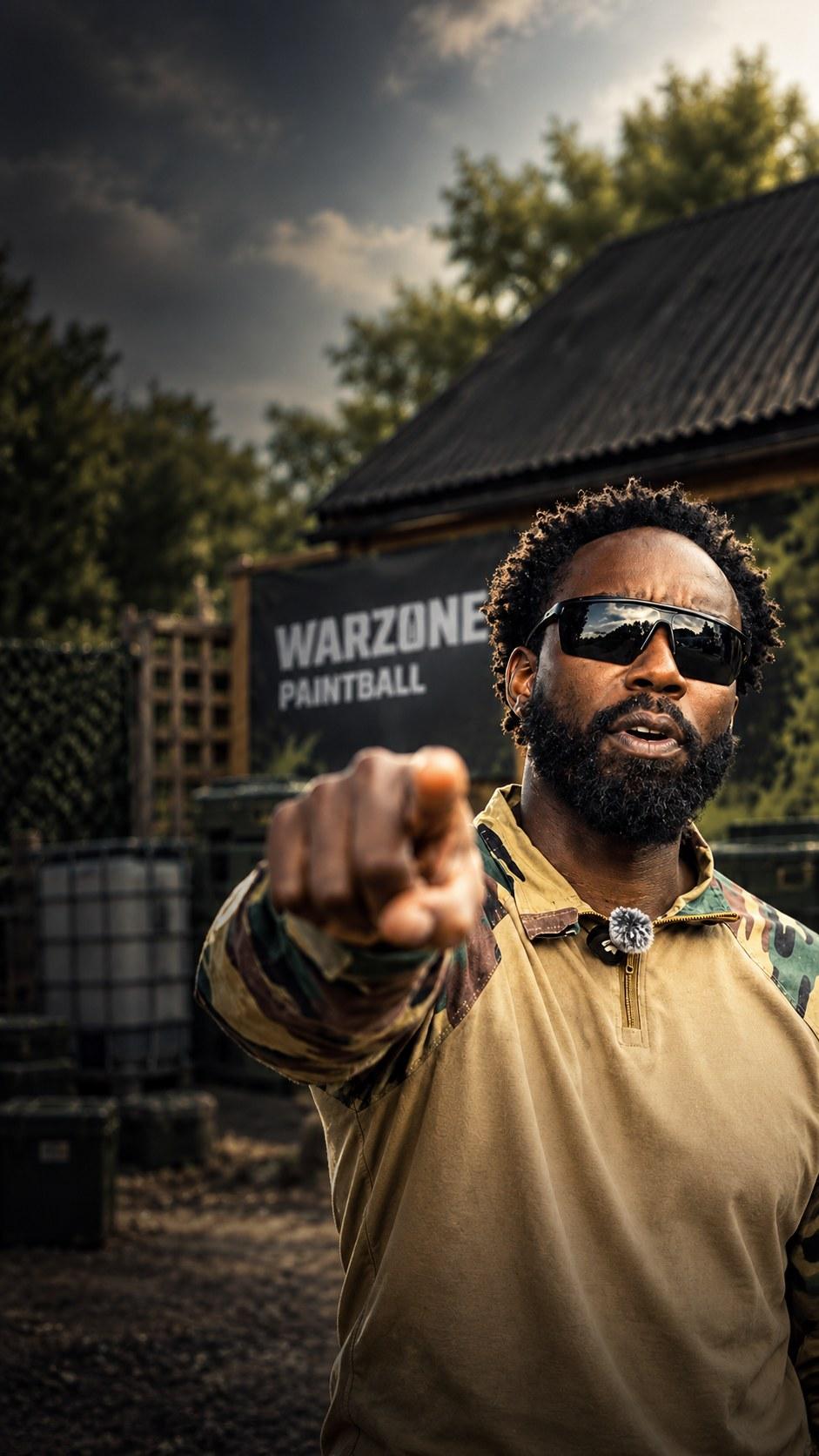 Le Colonel Varkon pointe la recrue du doigt, enseigne WARZONE PAINTBALL en arriere-plan